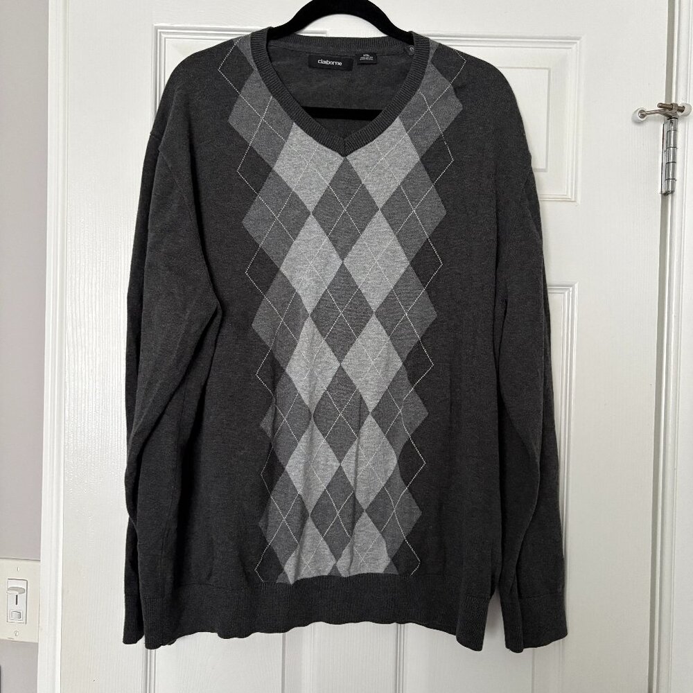 Claiborne Men's Argyle Long Sleeve Sweater Charcoal Heather Cotton Preppy XXL